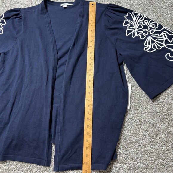 Chicos Womens Sz XXL Navy Open Front Cardigan/ Embroidered Floral Sleeves - Picture 4 of 11